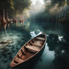 A Photograph Of A Wooden Canoe Resting On The Still Waters Of A Hidden Lagoon. The Surrounding Trees Cast Reflections On The Water's Surface, And The Silence Is Only Broken By The Occasional Splash.