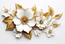 3d Gold Flowers White Backgroung.