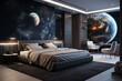 luxury minimalist bedroom with space theme, giant bed and sofa.