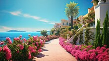 Beautiful Mediterranean Resort Promenade With Blooming Colorful Oleanders And Palm Trees Against The Blue Sky
