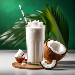 Coconut milk shake glass with fresh sliced coconut.