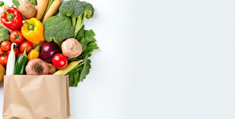 Wall Mural - Healthy food in paper bag vegetables and fruits on white background.