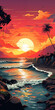 Dark palm trees silhouettes on colorful tropical ocean sunset summertime background. Beach sunset illustration with vibrant gradient sky. Summer time travel and vacation wallpaper.