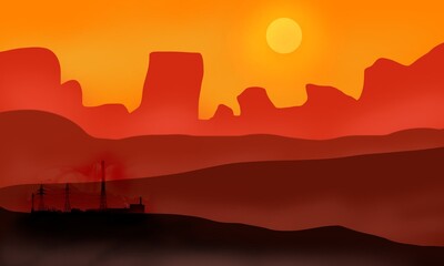 Wall Mural - Sunset in the desert with industrial chimneys. Vector illustration.