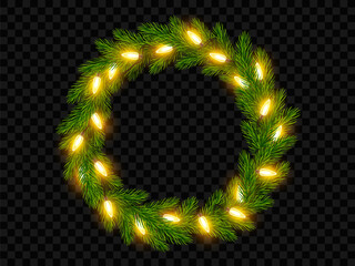 Wall Mural - Christmas wreath of realistic fir tree branches with electric garland on black transparent background. Frame of spruce branches with garland of yellow light bulbs for New Year greeting cards, banners