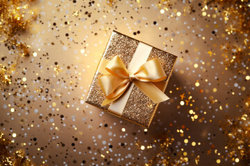 Wall Mural - Top view of golden glitter and  gift box, luxury celebration concept.