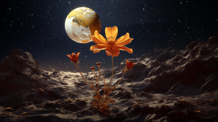 Wall Mural - orange flowers on the moon with yellow planet in distant space, rocky surface landscape