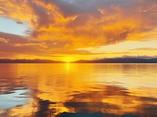 Bright sunset over Lake golden clouds reflect in the water.