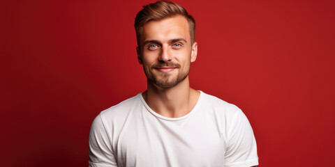 Wall Mural - Muscular Man in White T-Shirt Posing against Red Studio Background