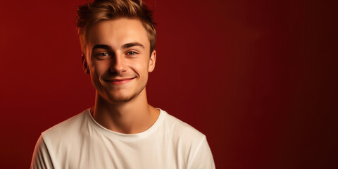 Wall Mural - Young Man in white t-shirt. Handsome Male on a Red Background. Happy Guy, smiling, look in camera