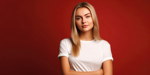 Wall Mural - Beauty Girl in white t-shirt on Red Background. Young Woman Blonde Smiling, look in camera, standing in red studio background