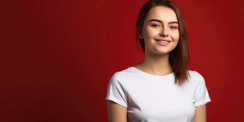 Wall Mural - Beauty Girl in white t-shirt on Red Background. Young Woman Brunette Smiling, look in camera, standing in red studio background