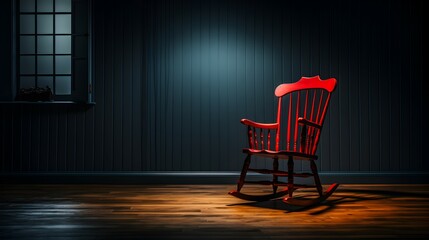 a red rocking chair in a scary room background