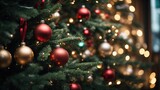 Fototapeta Pokój dzieciecy - Close up shot of Christmas Tree With Baubles And Blurred Shiny Lights