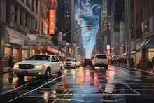 Enchanting Evening In New York: Captivating Nocturnal Skyline, Splendid Cityscape, Illuminated Streets, And Iconic Landmarks In Vibrant Watercolor And Oil. Generative AI