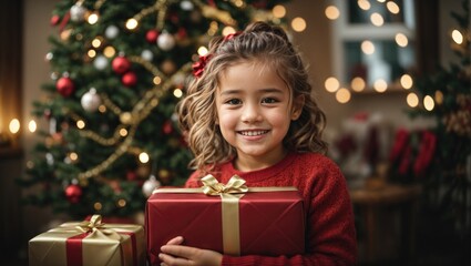 Wall Mural - Portrait of a Happy little cute girl with Christmas gift boxes and Christmas tree in background