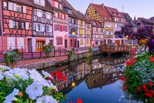 Beautiful View Of Colorful Romantic City Colmar, France, Alsace In The Evening