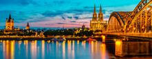 Cologne Koln Germany During Sunset, Cologne Bridge With Cathedral