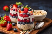 Mixed Berries Overnight Oats With Almond Flakes In A Glass Jar, Healthy Breakfast.