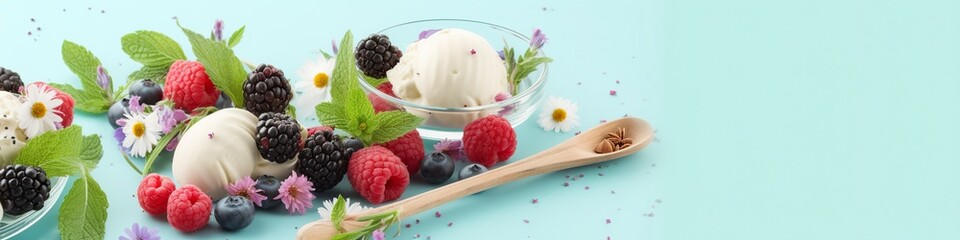 scoops of vanilla, mint leaves in a glass bowl, sprinkles, berries, and flowers.