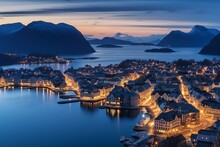 Scenic View Of Alesund Port Town At Twilight In Norway. Generative AI