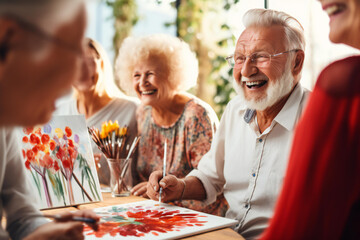 A group of senior citizens engaged in artistic activities, activities for seniors concept. men and women enjoy painting with a brush, sitting around the table, having a good time together