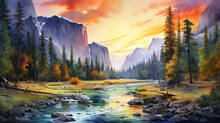 Beautiful Scenic View Of Yosemite National Park During Sunrise Or Sunset. Colorful Watercolor Painting.