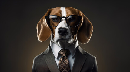 Wall Mural - Cool looking beagle dog in business suit, tie and wearing glasses, isolated background.