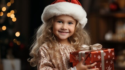 Wall Mural - Happy toddler with Christmas present