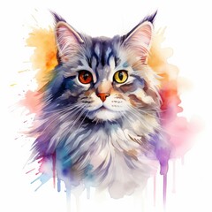  Watercolor cat clip art on white background.