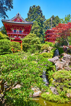 Mini Waterfall Flowing Into Creak With Two Red Pagodas On Hill Above In Japanese Tea Garden