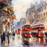 Fototapeta Fototapeta Londyn - street in London during Christmas festival in watercolor painted style