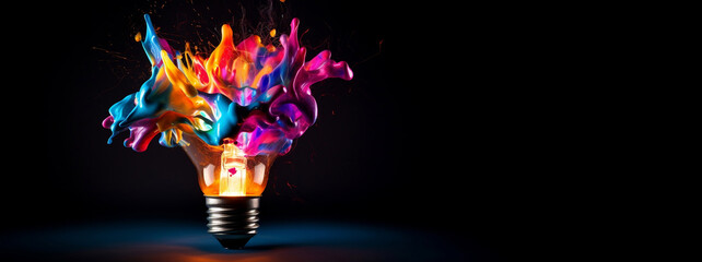 Creative light bulb explodes with colorful paint and splashes on a black background. Think differently creative idea concept