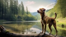Dog Standing In Front Of Lake And Forest