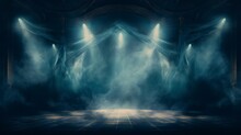 Illuminated Stage With Blue Lights And Smoke On Black Background