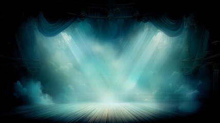 Wall Mural - illuminated stage with blue lights and smoke on black background