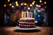 © Arcadia - Colorful birthday cake with unique background and wide-angle lens capturing playful party lights. Generative AI