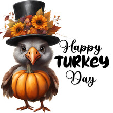 Cute Little Turkey With Flowers And Pumpkin. Illustration For Thanksgiving. Happy Turkey Day