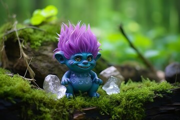 Tale troll with crystals in the forest, natural green background.