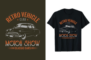 Retro car T-shirt design. Vintage classic car vector t-shirt print. old cars vehicle black shirt graphics.