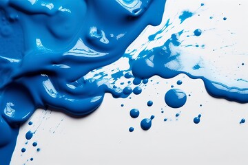 Close up of blue paint shapes on white background with copy space.