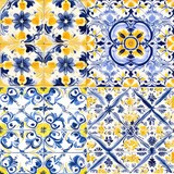 Fototapeta  - Blue and Yellow Portuguese Azulejos tiles. Mosaic decoration, traditional artwork, floral design, seamless pattern. AI generated digital design. 