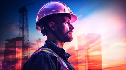 Portrait of a male engineer wearing a helmet combined with overlapping abstract architectural background