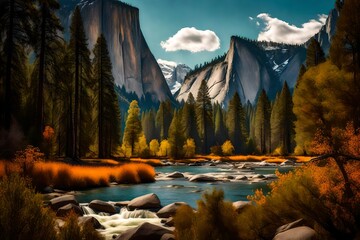 Wall Mural - landscape with river and mountains