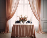 Fototapeta Lawenda - Pink restaurant interior, table setting with flowers