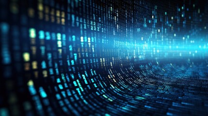 An abstract digital background with binary code and AI algorithms running in the background.