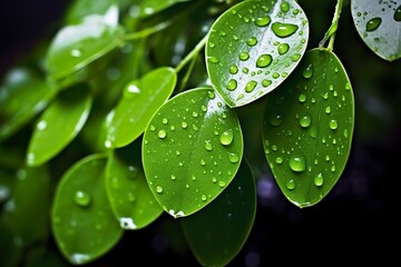 Green leaves with water droplets on them.