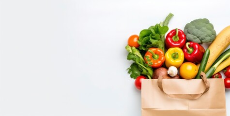 Wall Mural - Healthy food in paper bag vegetables and fruits on white background.