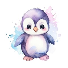 Watercolor fantasy Baby Penguin clip art isolated white background.