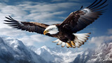 Fototapeta  - Bald Eagle Soaring Over Snowy Mountains